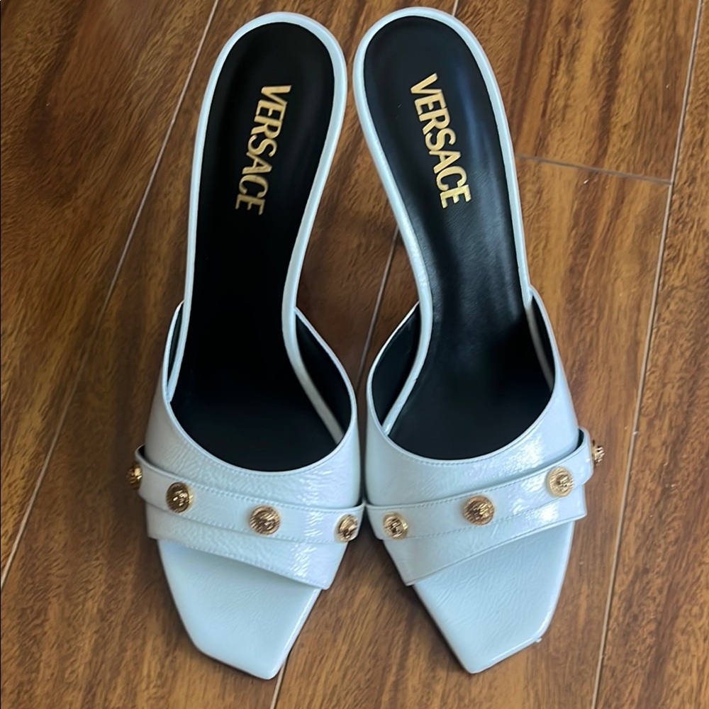 Versace White Leather Gold Medusa-Button Mules - Picture 2 of 7